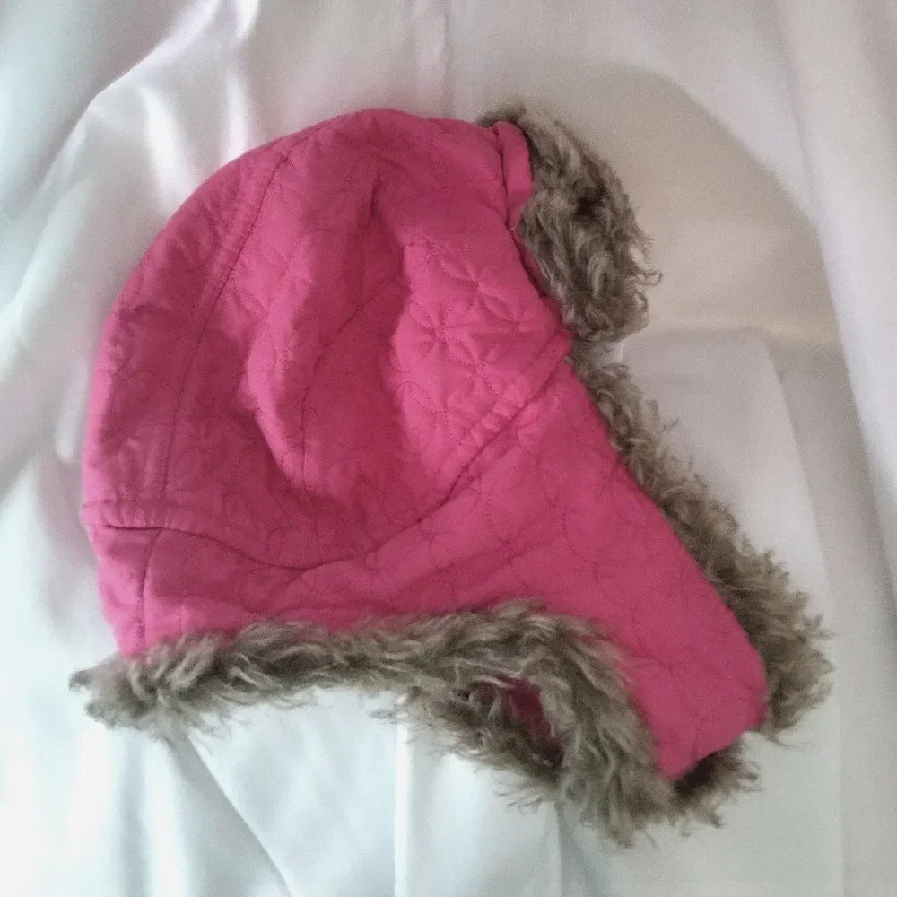 Fleece LIned Fur Trim Winter Trapper Hat Quilted Kids Bomber Aviator Pink Girls